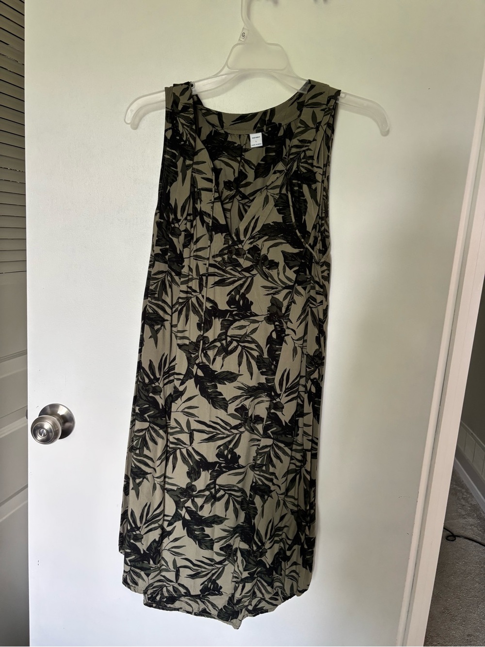 Old Navy Olive Green Dress with Black Leaf Print